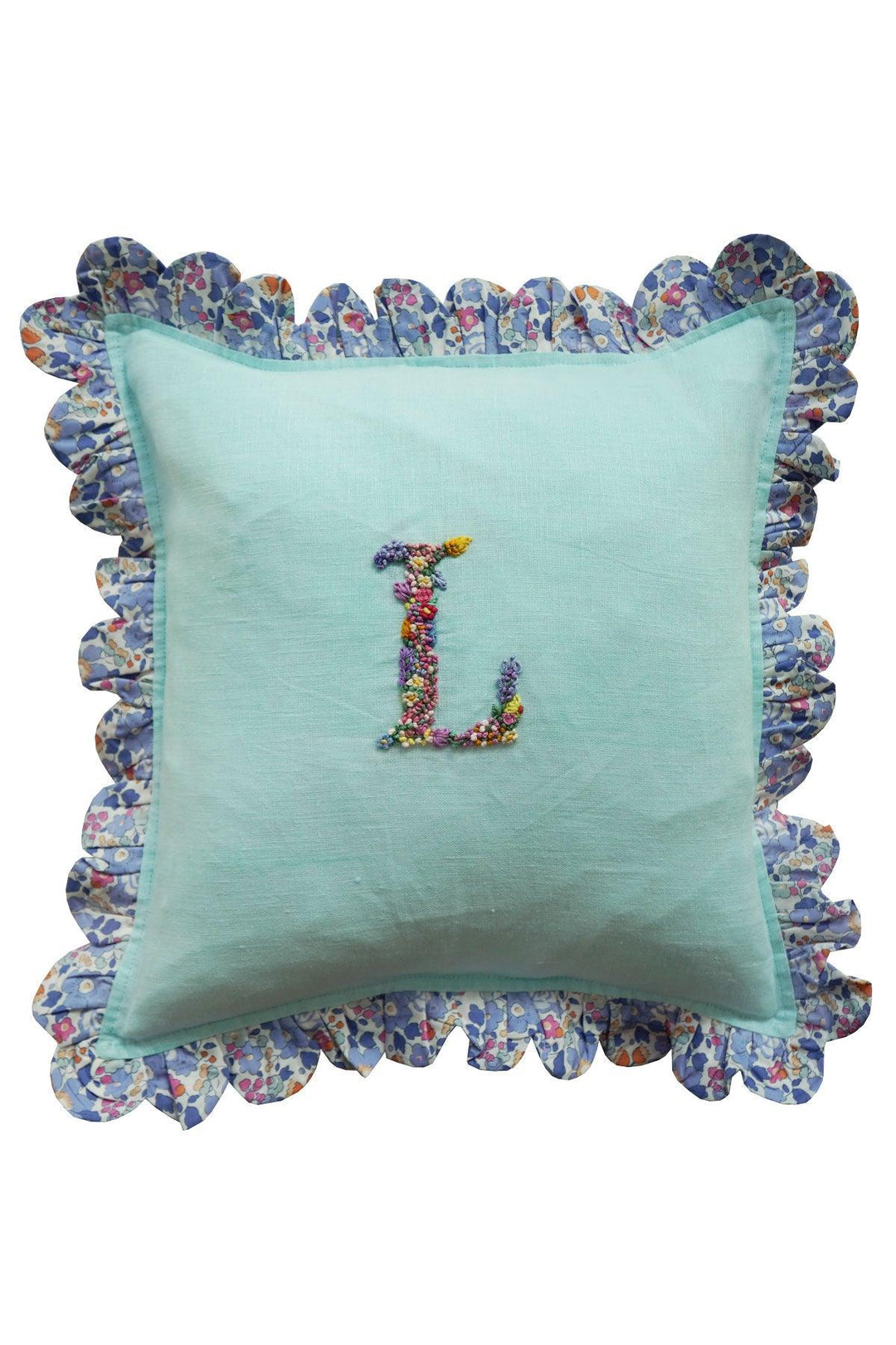 Coco & Wolf x Polly Wren Studios Embroidered Letter Scallop Edge Cushion made with Liberty Fabric BETSY