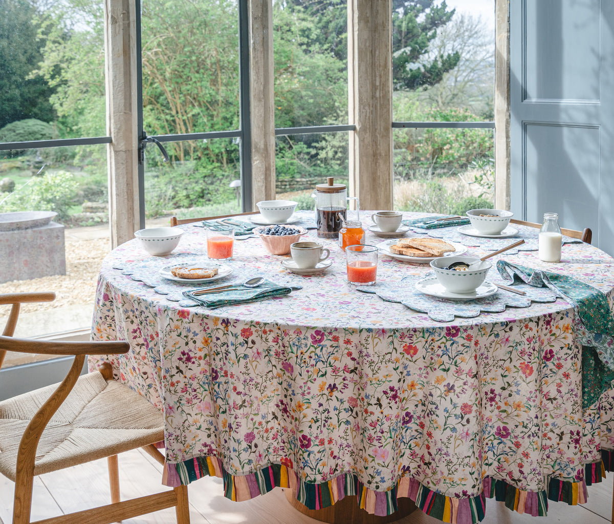 Linen Garden Liberty fabric used by Coco & Wolf across table linen, bedding and homewares.