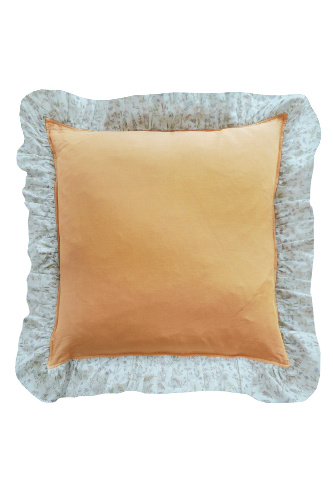 Ruffle Cushion made with Linen Liberty Fabric Turmeric and Theo Green