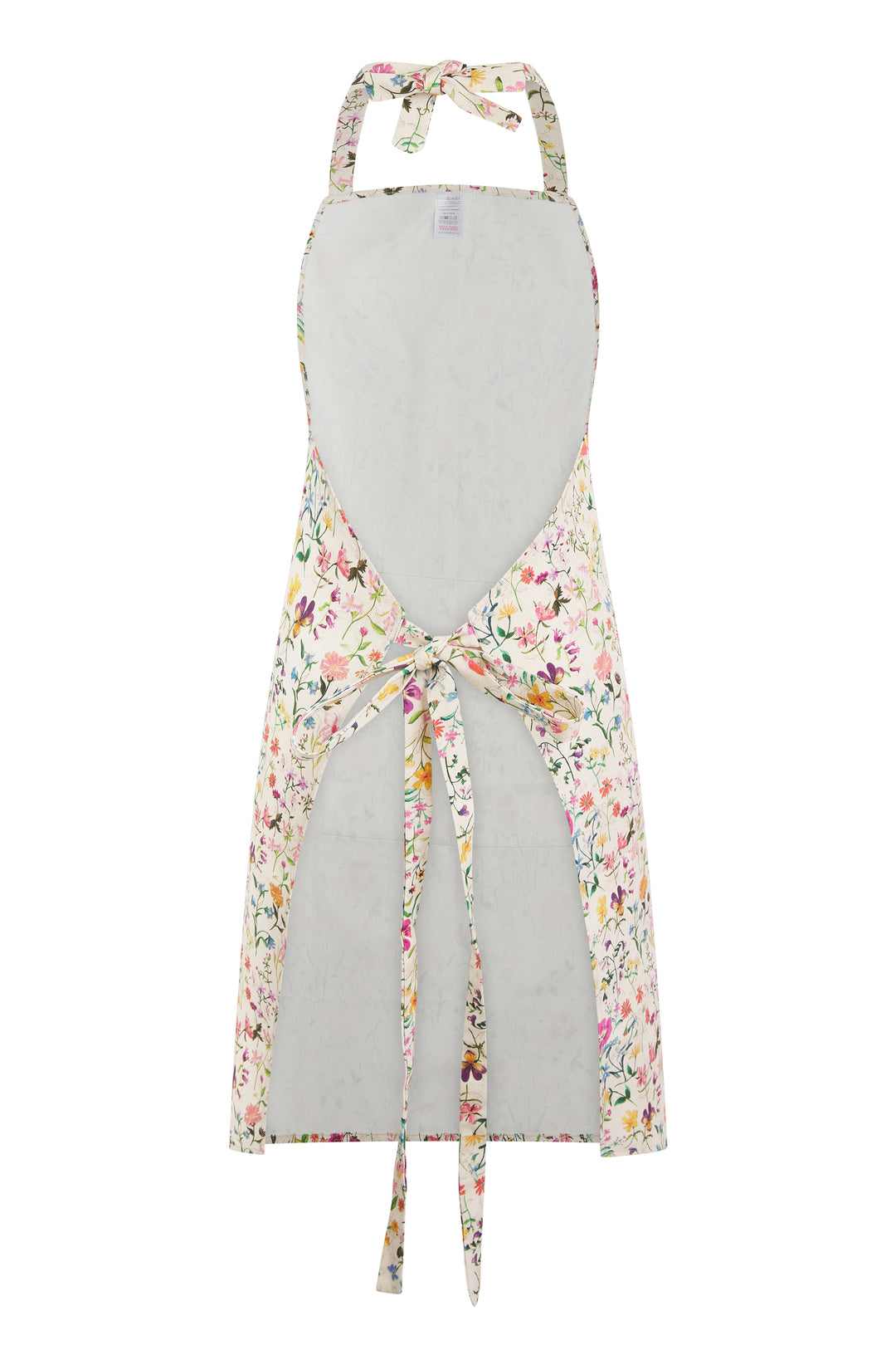 Floral apron with floral tie details on a white background