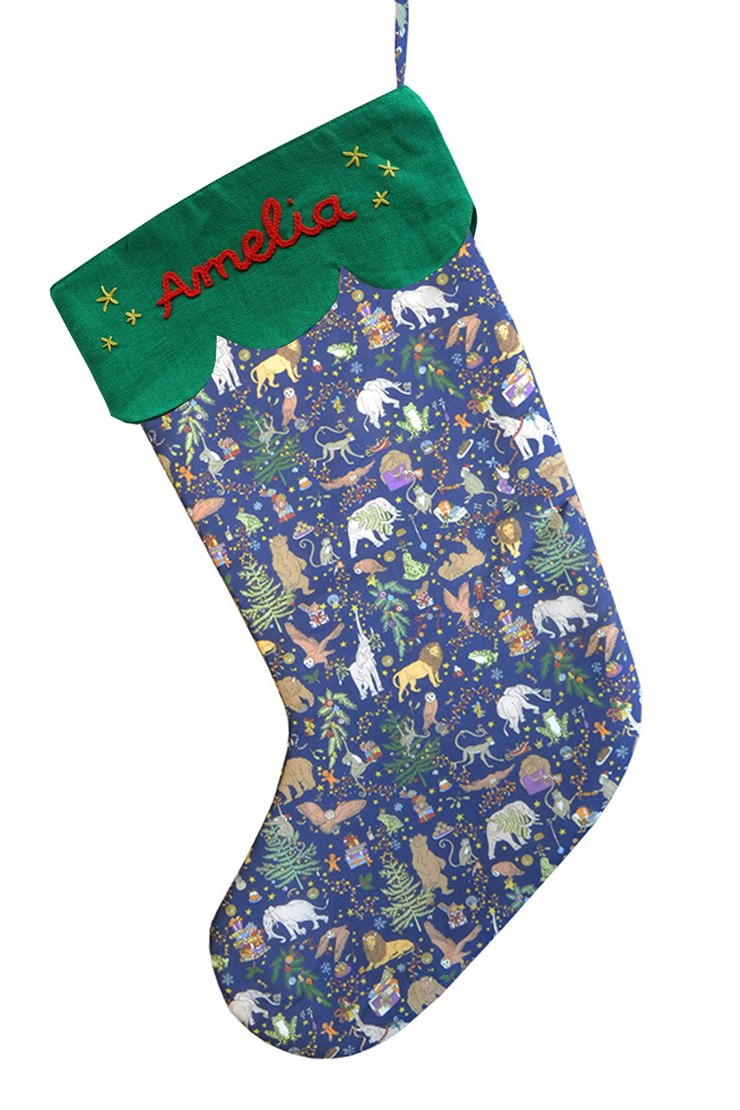 Coco & Wolf x Polly Wren Studios Embroidered Christmas Stocking made with Liberty Fabric CHRISTMAS