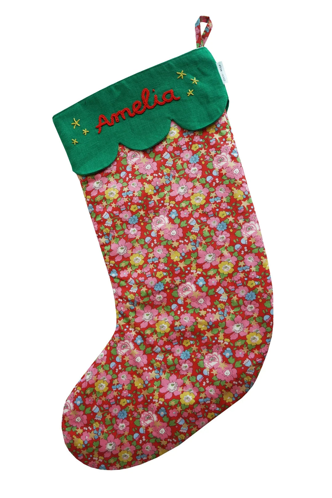 Coco & Wolf x Polly Wren Studios Embroidered Christmas Stocking made with Liberty Fabric BETSY STAR