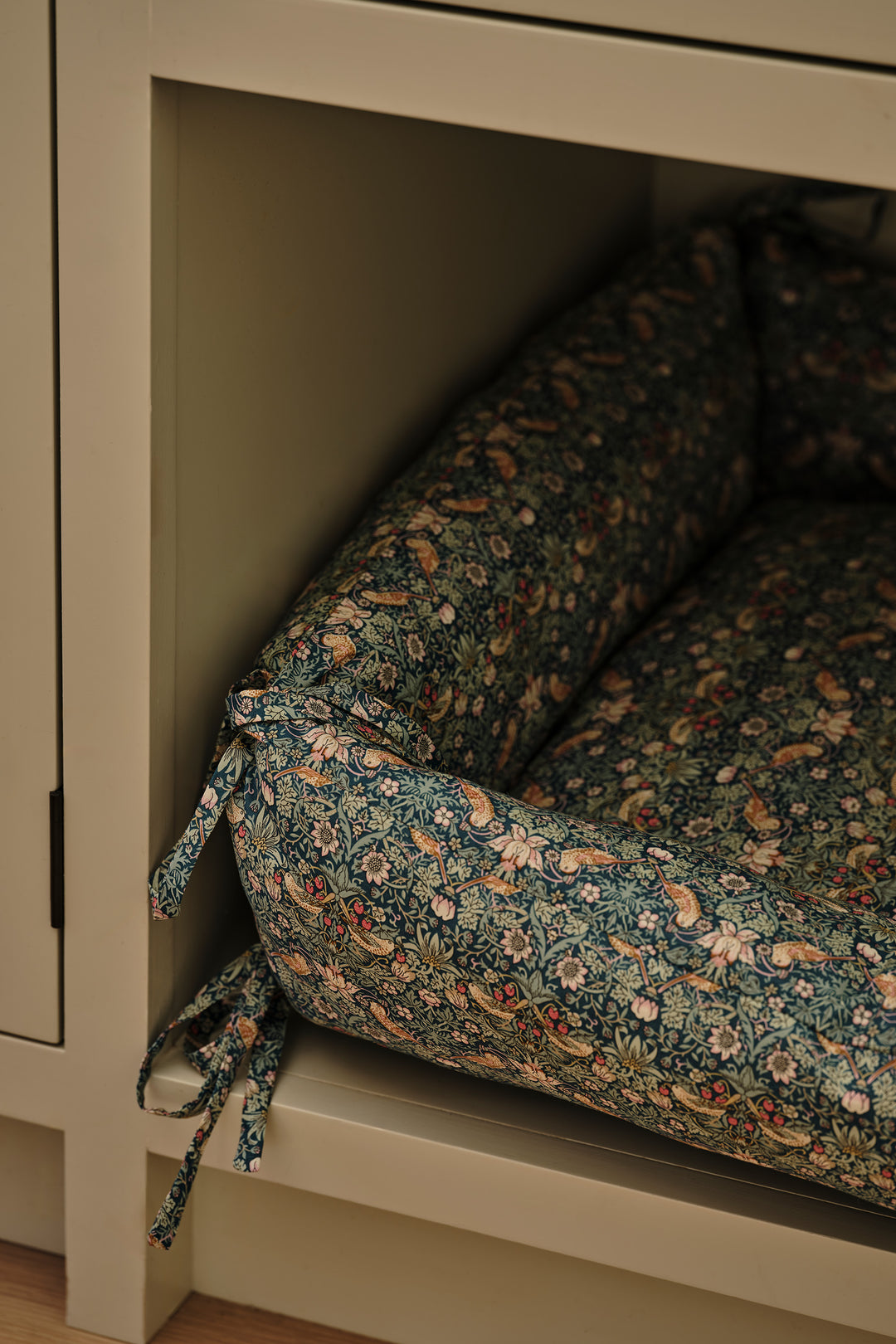 Square Tie-Corner Pet Bed made with Liberty Fabric STRAWBERRY THIEF