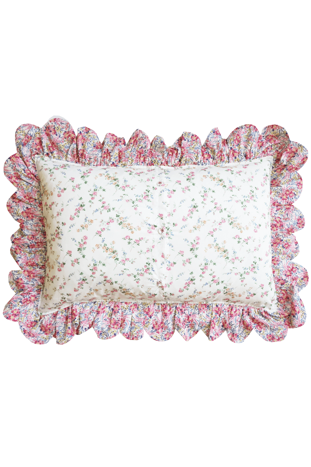 Oblong Scallop Ruffle Cushion made with Liberty Fabric ELIZABETH & SWIRLING PETALS