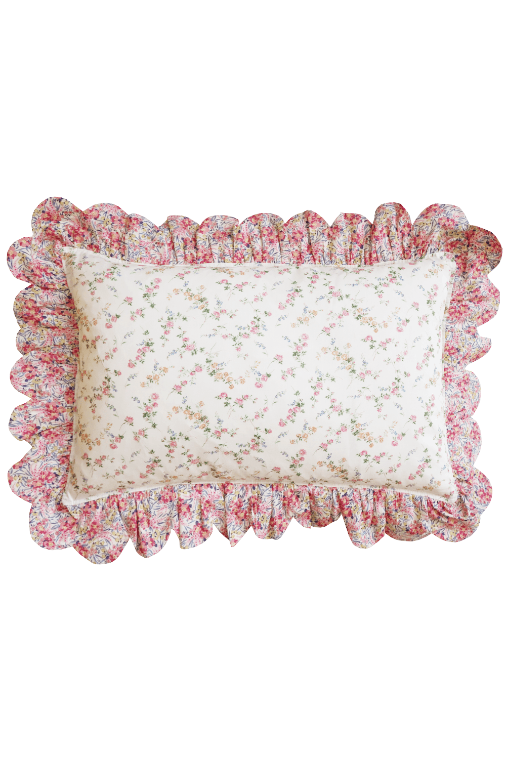 Oblong Scallop Ruffle Cushion made with Liberty Fabric ELIZABETH & SWIRLING PETALS