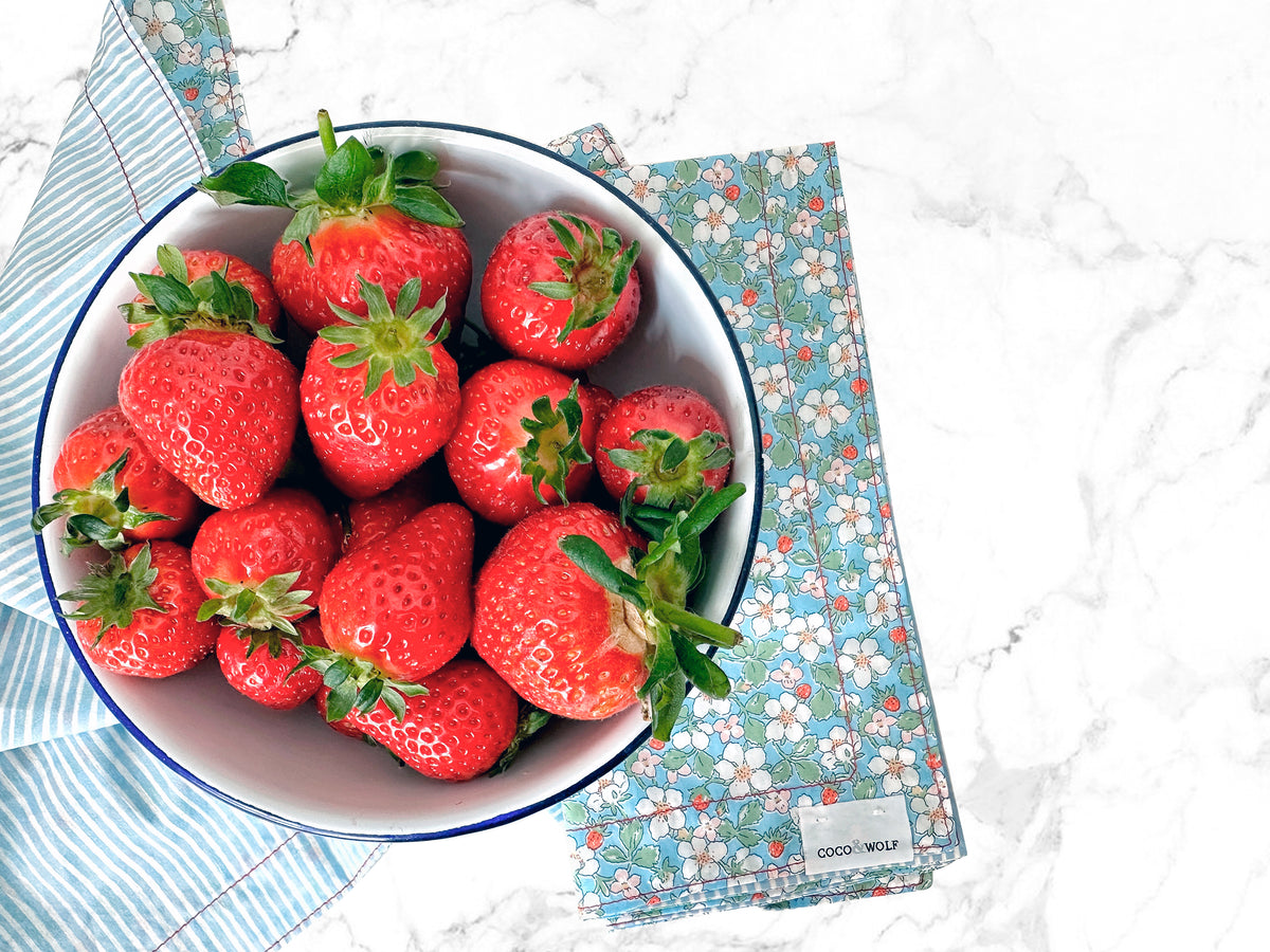 Strawberries on Liberty fabric napkin by Coco & Wolf