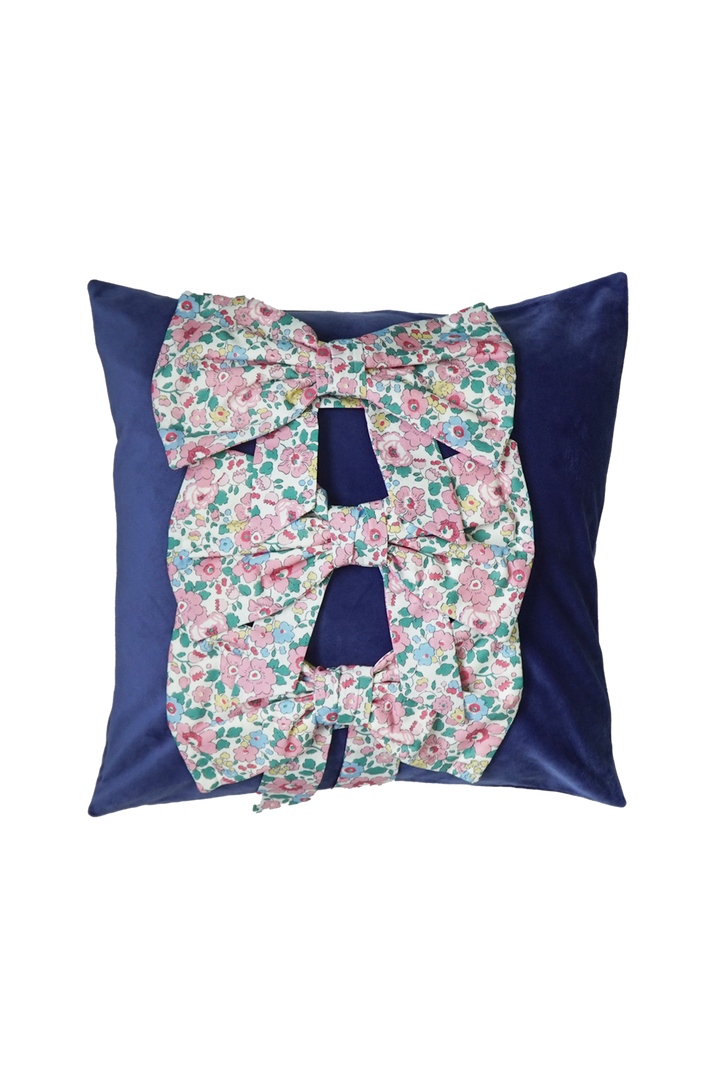 3 Bow Velvet Cushion made with Liberty Fabric BETSY CANDY FLOSS