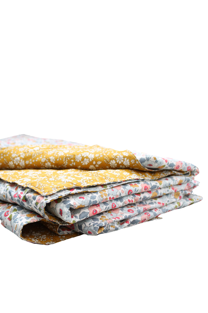 Reversible Stitch Border Bedspread made with Liberty Fabric BETSY GREY & CAPEL MUSTARD