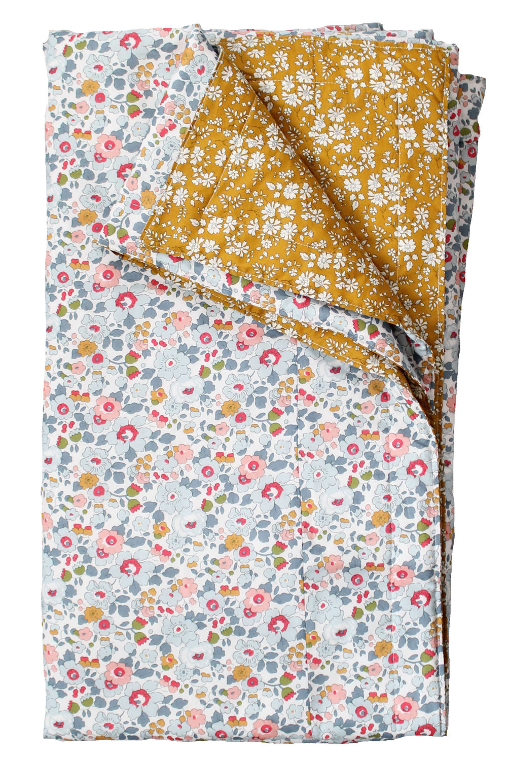 Reversible Stitch Border Bedspread made with Liberty Fabric BETSY GREY & CAPEL MUSTARD