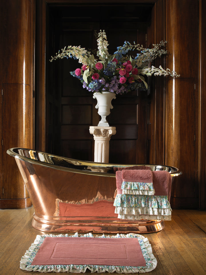 Bridgerton Ruffle-Edge Bath Mat made with Liberty Fabric BOUQUET PARADE GREEN & POSY CORSAGE YELLOW