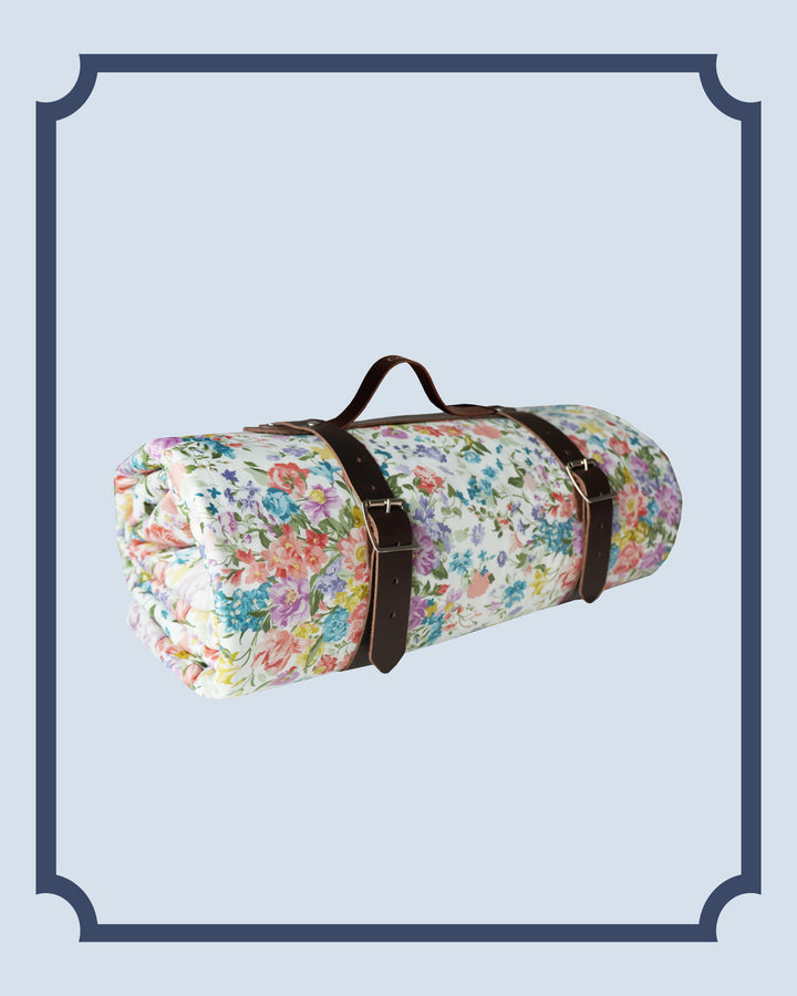 Bridgerton Picnic Blanket made with Liberty Fabric BOUQUET PARADE PEACH & REGENCY TRAIL PURPLE