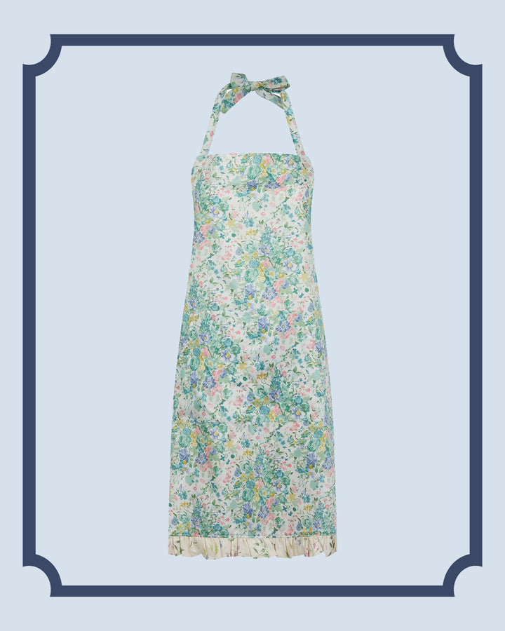 Bridgerton Reversible Ruffle Apron BOUQUET PARADE GREEN & REGAL BLOSSOM