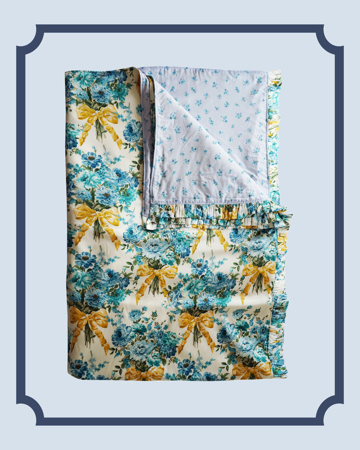 Bridgerton Reversible Ruffle-Edge Bedspread made with Liberty Fabric BOW BOUQUET GOLD & POSEY CORSAGE BLUE