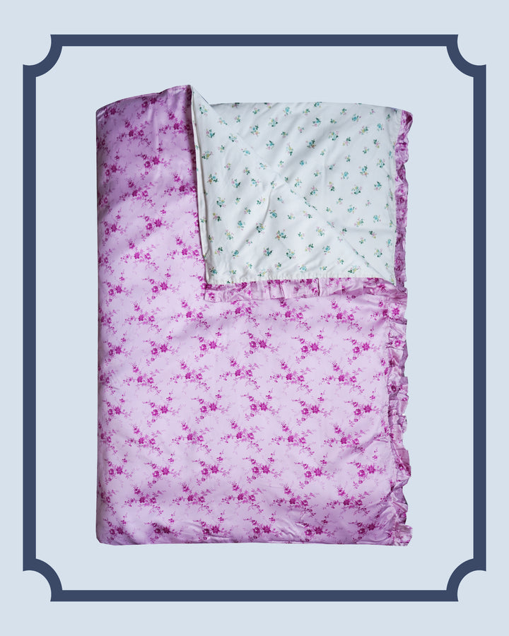 Bridgerton Reversible Ruffle Edge Heirloom Quilt made with Liberty Fabric AMELIE LUISE PINK & POSEY CORSAGE YELLOW