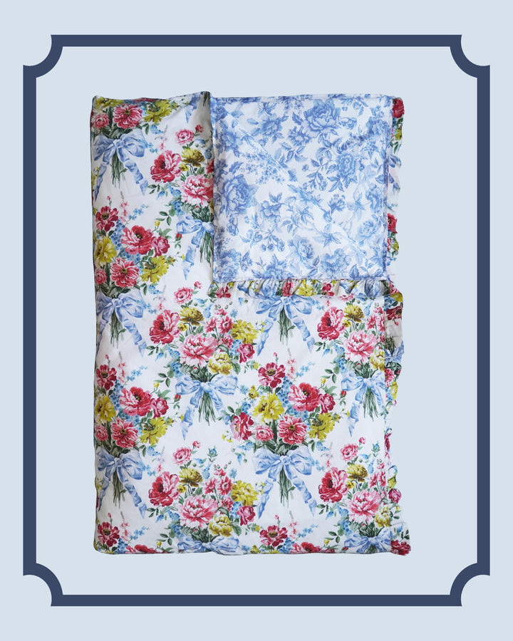 Bridgerton Reversible Ruffle-Edge Heirloom Quilt made with Liberty Fabric BOW BOUQUET BLUE & REGENCY TRAIL CHINA BLUE