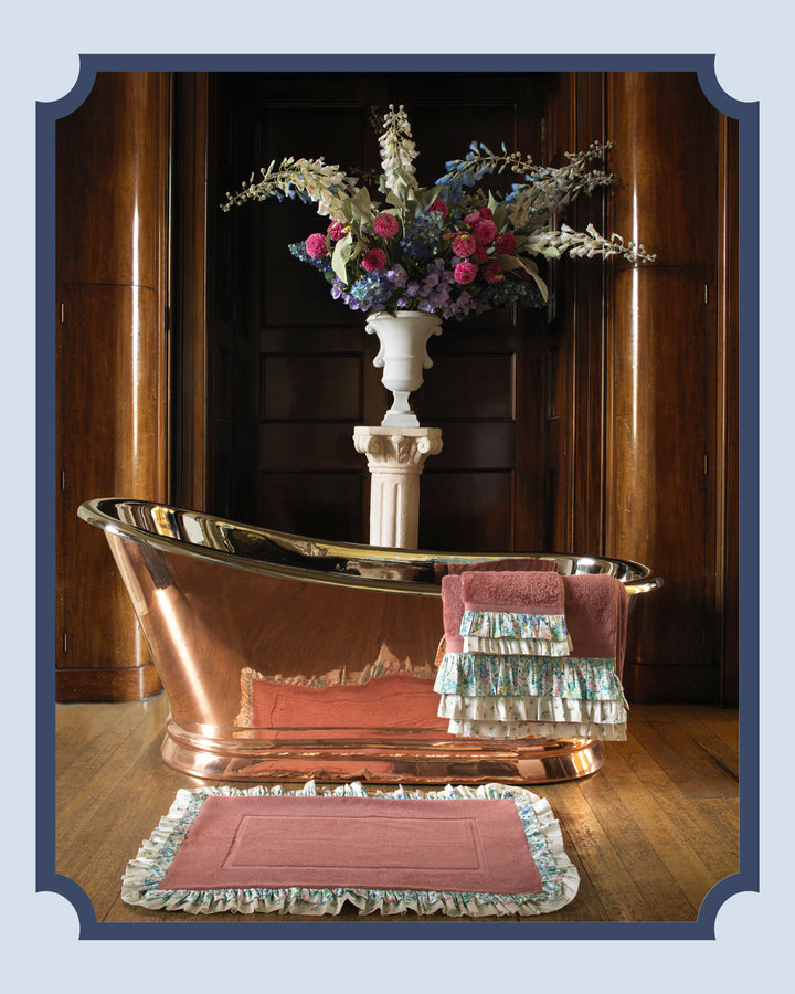 Bridgerton Ruffle-Edge Bath Mat made with Liberty Fabric BOUQUET PARADE GREEN & POSY CORSAGE YELLOW