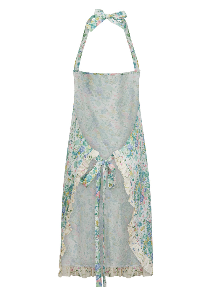 Bridgerton Reversible Ruffle Apron BOUQUET PARADE GREEN & REGAL BLOSSOM