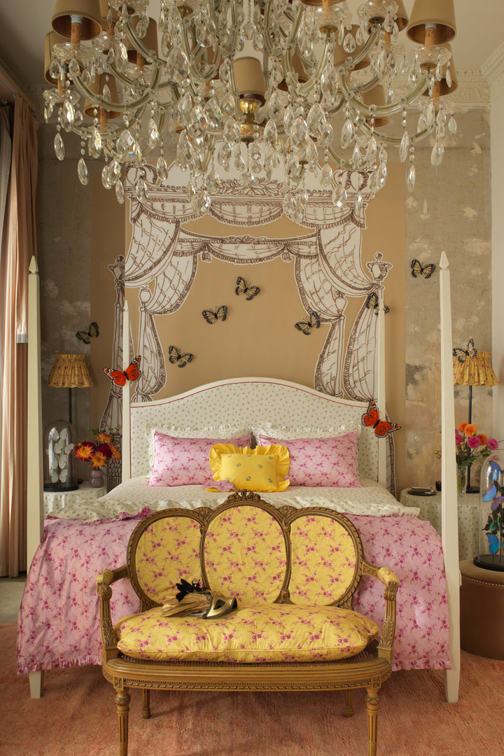 Bridgerton Reversible Ruffle Edge Heirloom Quilt made with Liberty Fabric AMELIE LUISE PINK & POSEY CORSAGE YELLOW