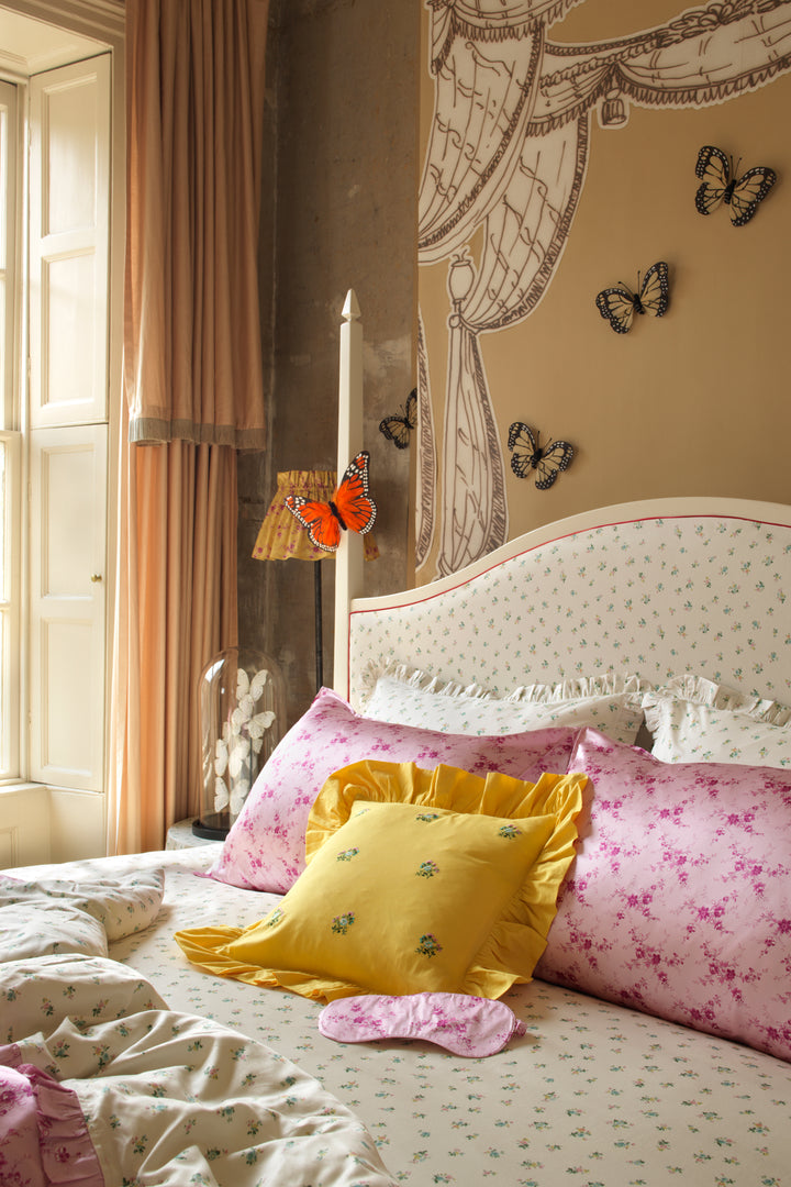 Bridgerton Reversible Ruffle Edge Heirloom Quilt made with Liberty Fabric AMELIE LUISE PINK & POSEY CORSAGE YELLOW