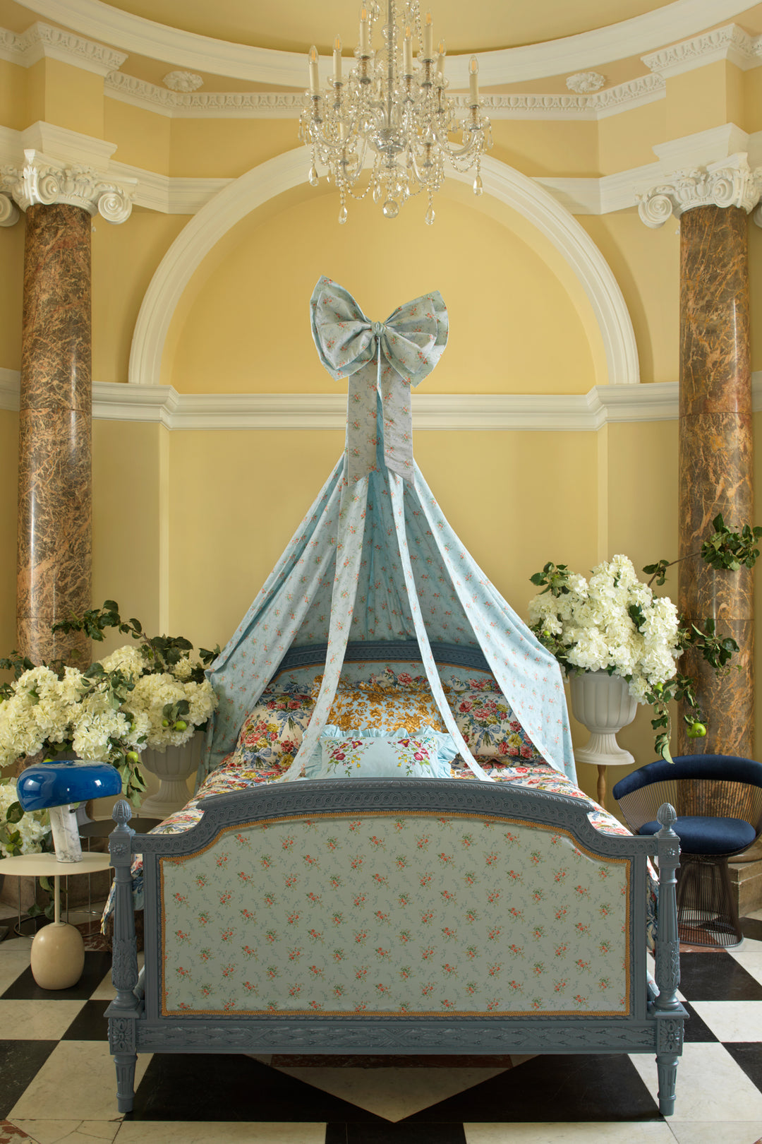 Bridgerton Reversible Ruffle-Edge Heirloom Quilt made with Liberty Fabric BOW BOUQUET BLUE & REGENCY TRAIL CHINA BLUE