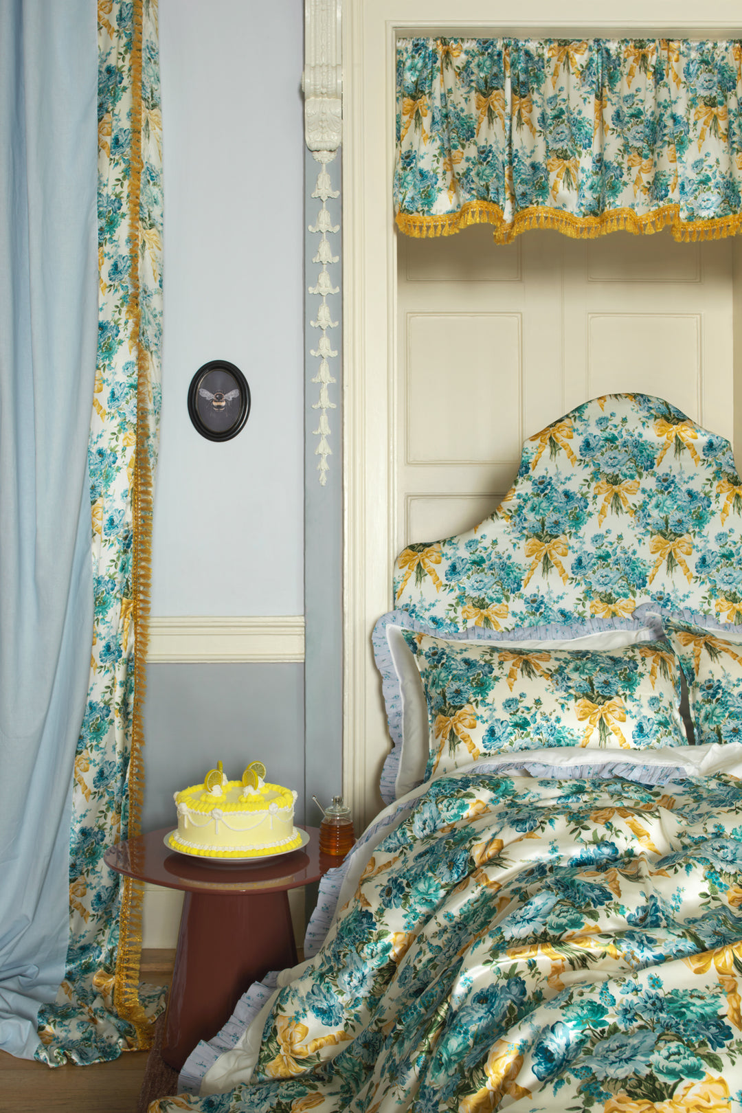 Bridgerton Reversible Ruffle-Edge Bedspread made with Liberty Fabric BOW BOUQUET GOLD & POSEY CORSAGE BLUE