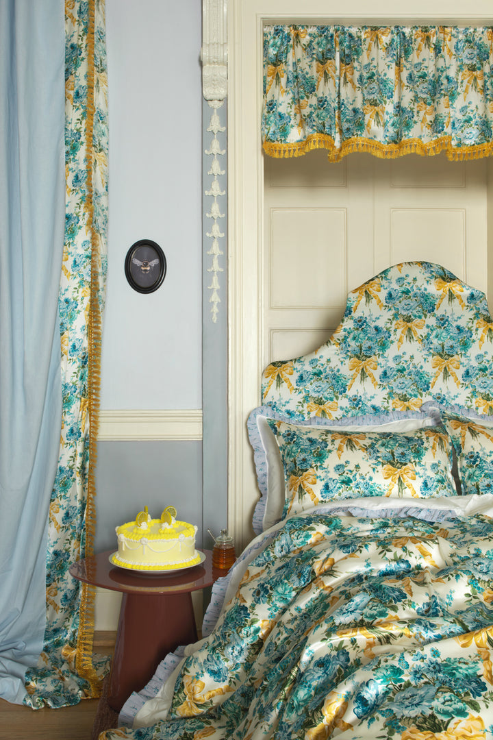 Bridgerton Reversible Ruffle-Edge Bedspread made with Liberty Fabric BOW BOUQUET GOLD & POSEY CORSAGE BLUE