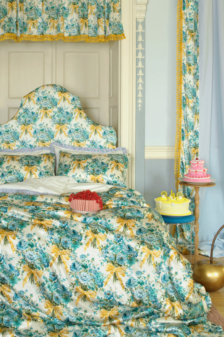 Bridgerton Reversible Ruffle-Edge Bedspread made with Liberty Fabric BOW BOUQUET GOLD & POSEY CORSAGE BLUE