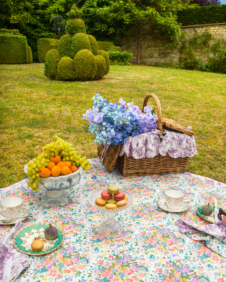 Bridgerton Picnic Blanket made with Liberty Fabric BOUQUET PARADE PEACH & REGENCY TRAIL PURPLE