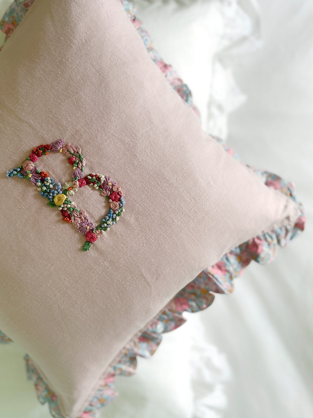 Coco & Wolf x Polly Wren Studios Embroidered Letter Scallop Edge Cushion made with Liberty Fabric MEADOW SONG