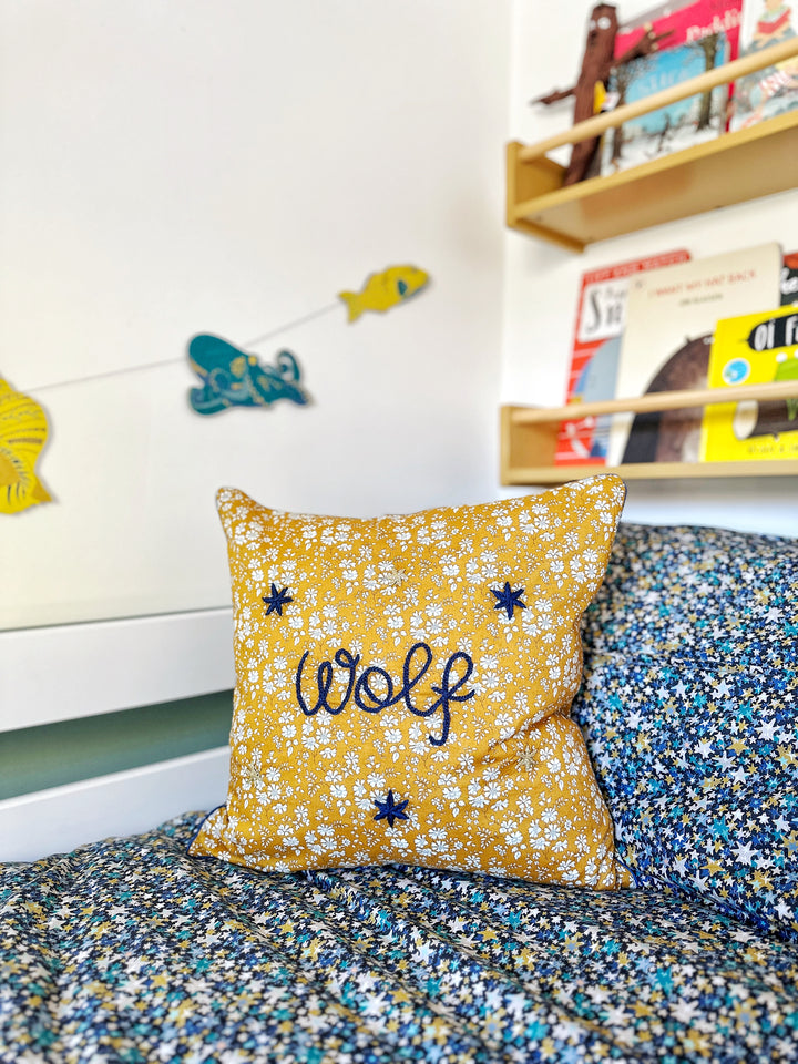 Coco & Wolf x Polly Wren Studios Embroidered Piped Edge Cushion made with Liberty Fabric CAPEL MUSTARD