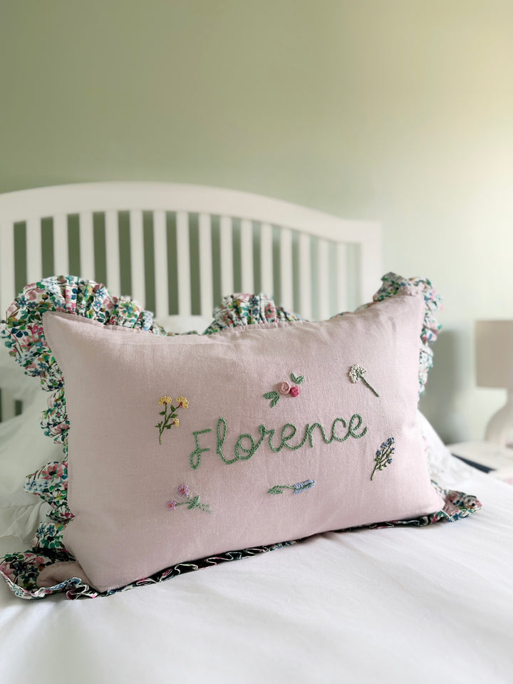 Coco & Wolf x Polly Wren Studios Embroidered Oblong Cushion made with Liberty Fabric DREAMS OF SUMMER