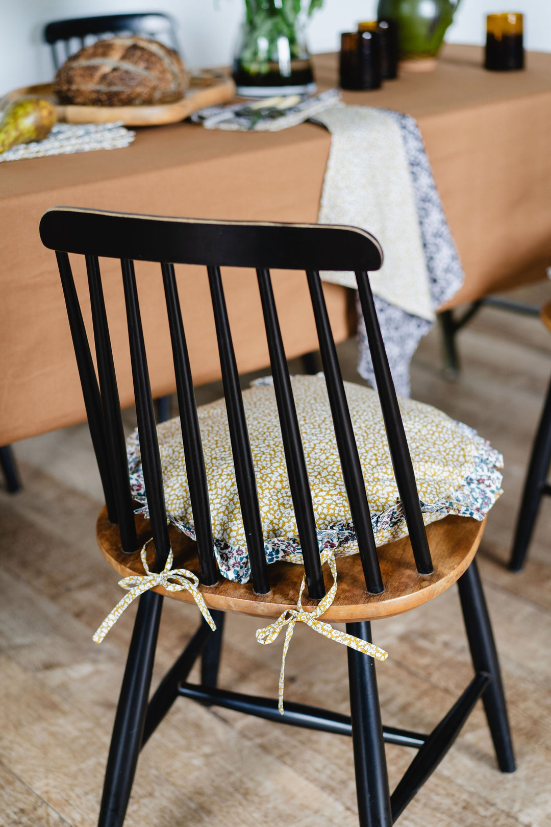 Round Ruffle Chair Cushion made with Liberty Fabric FEATHER MEADOW & ANNABELLA