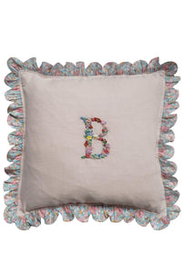 Coco & Wolf x Polly Wren Studios Embroidered Letter Scallop Edge Cushion made with Liberty Fabric MEADOW SONG