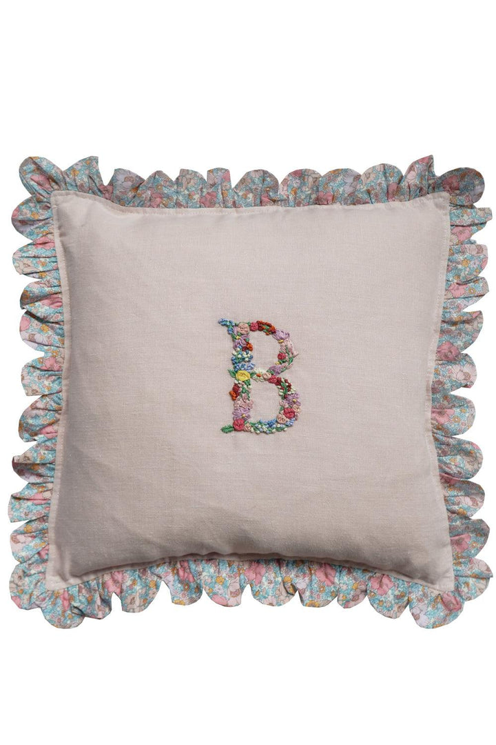 Coco & Wolf x Polly Wren Studios Embroidered Letter Scallop Edge Cushion made with Liberty Fabric MEADOW SONG