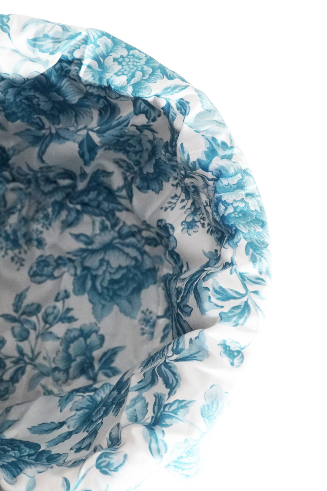 Close-up of a blue floral pattern on white fabric