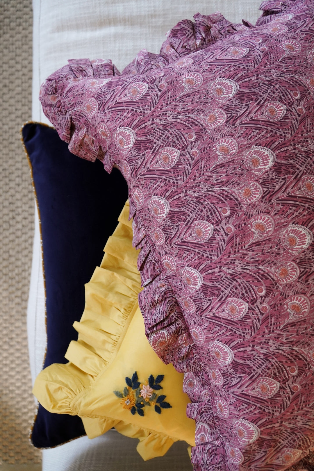 Piped Velvet Cushion made with Liberty Fabric CAPEL MUSTARD