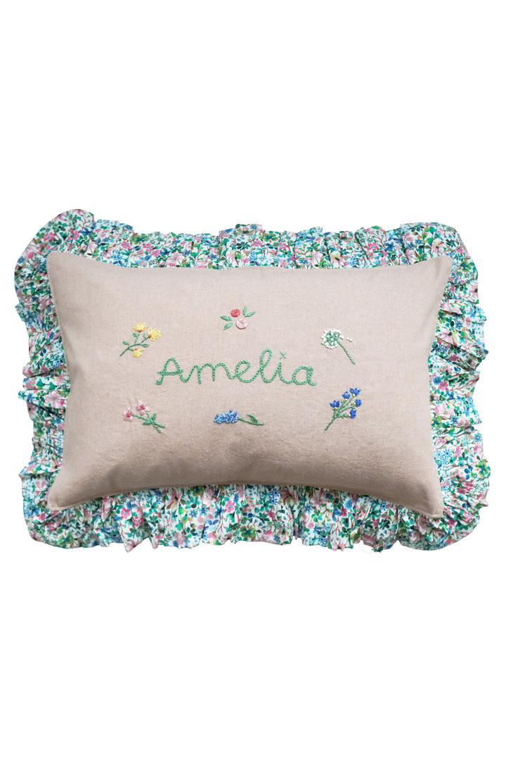 Coco & Wolf x Polly Wren Studios Embroidered Oblong Cushion made with Liberty Fabric DREAMS OF SUMMER