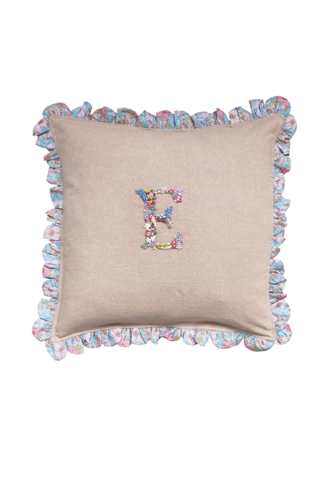 Coco & Wolf x Polly Wren Studios Embroidered Letter Scallop Edge Cushion made with Liberty Fabric MEADOW SONG