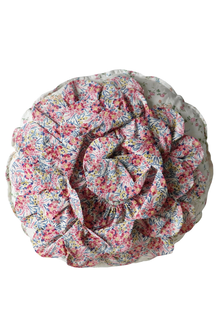 Round Rose Cushion made with Liberty Fabric ELIZABETH & SWIRLING PETALS