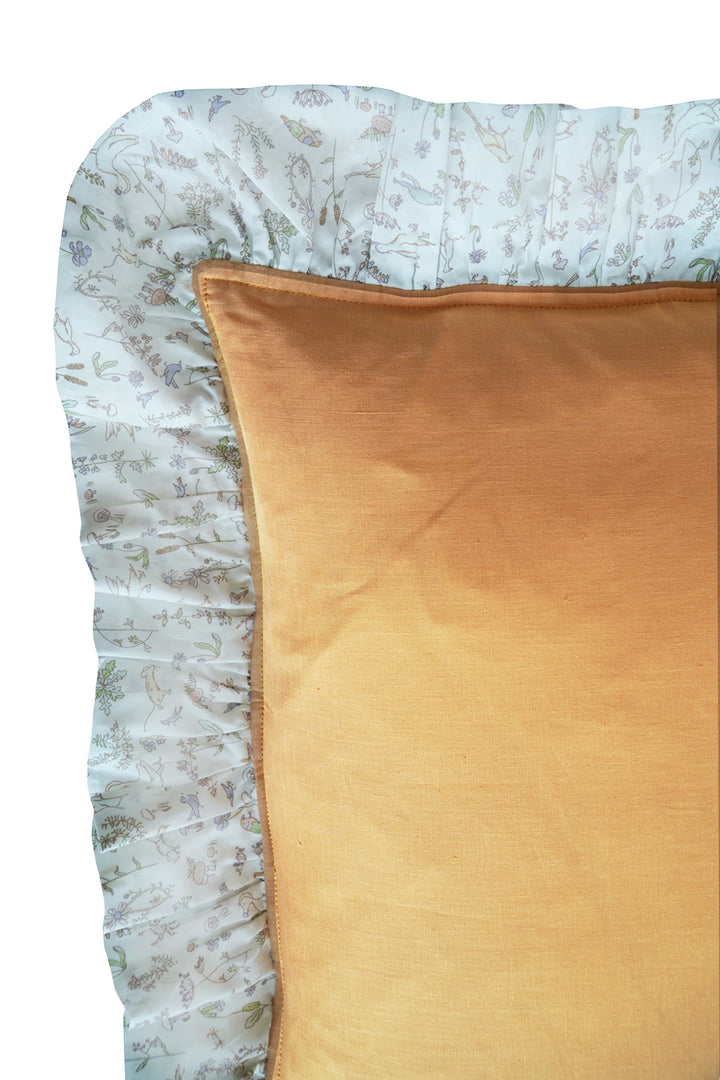 Ruffle Cushion made with Linen Liberty Fabric Turmeric and Theo Green