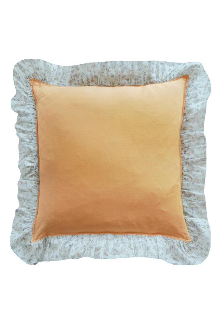 Ruffle Cushion made with Linen Liberty Fabric Turmeric and Theo Green