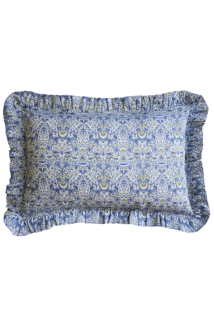 Oblong Ruffle Cushion made with Liberty Fabric LODDEN CHINA BLUE