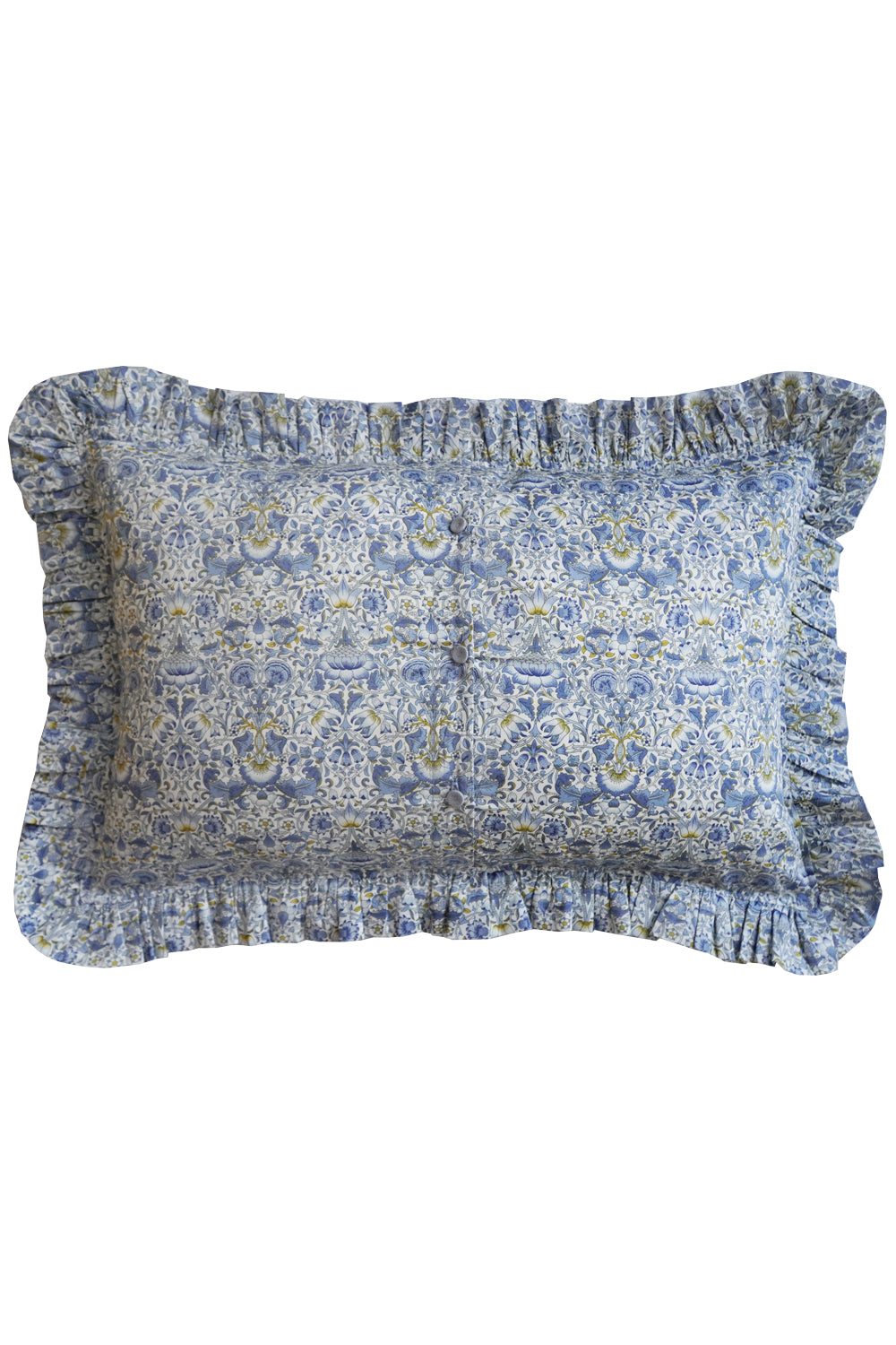 Oblong Ruffle Cushion made with Liberty Fabric LODDEN CHINA BLUE