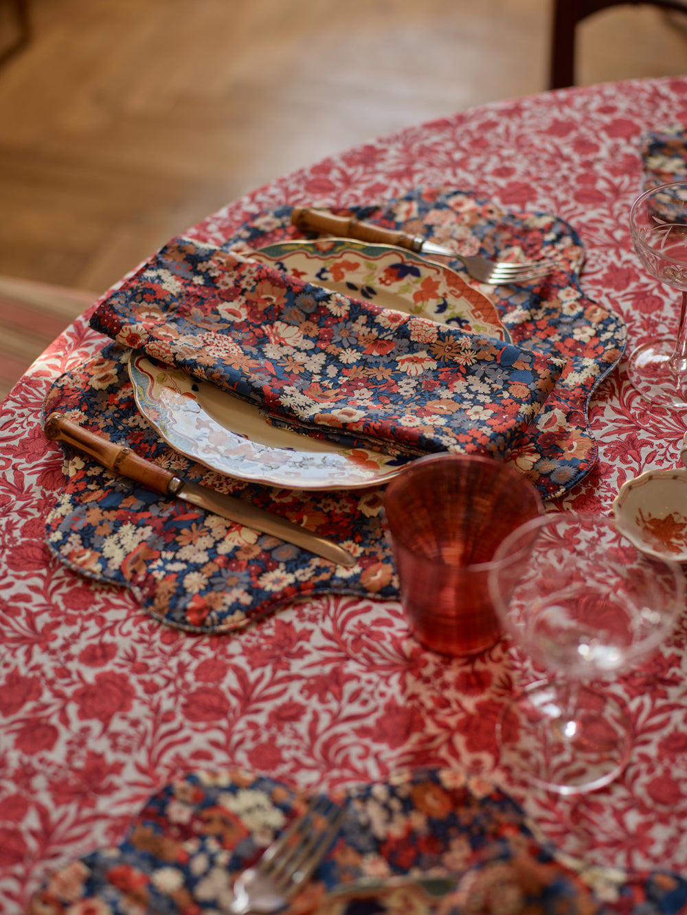 Reversible Wavy Placemat made with Liberty Fabric THORPE RUST & STRAWBERRY THIEF SPRING BLUE