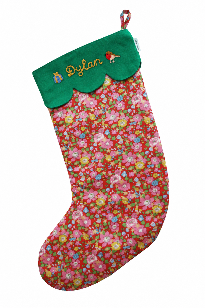 Coco & Wolf x Polly Wren Studios Embroidered Christmas Stocking made with Liberty Fabric BETSY STAR