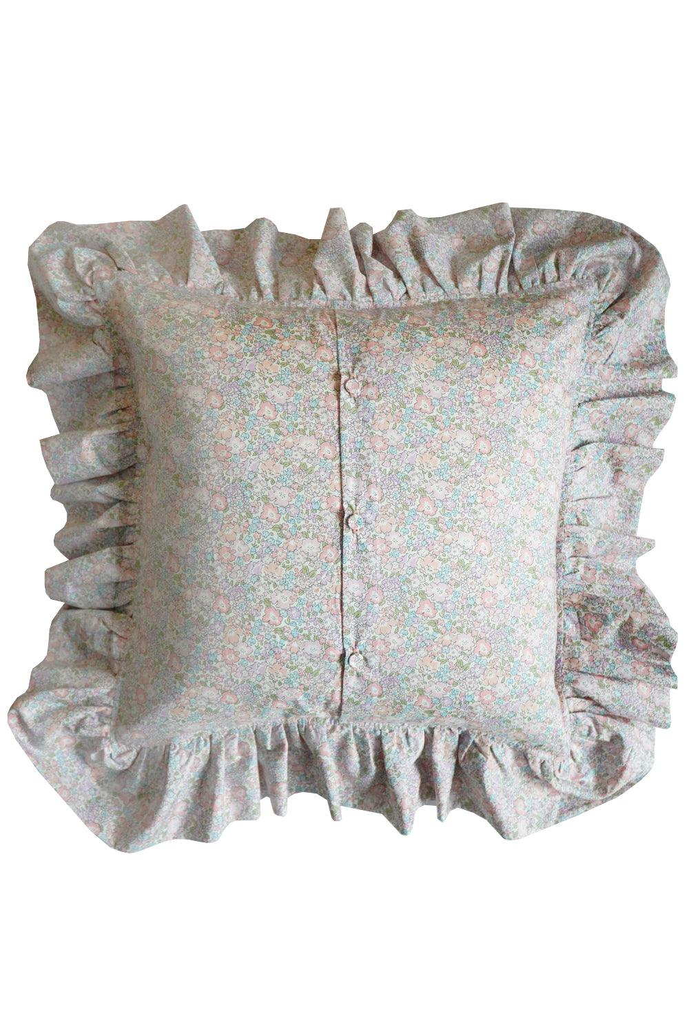 Coco & Wolf x Polly Wren Studios Embroidered Ruffle Cushion made with Liberty Fabric MICHELLE LILAC