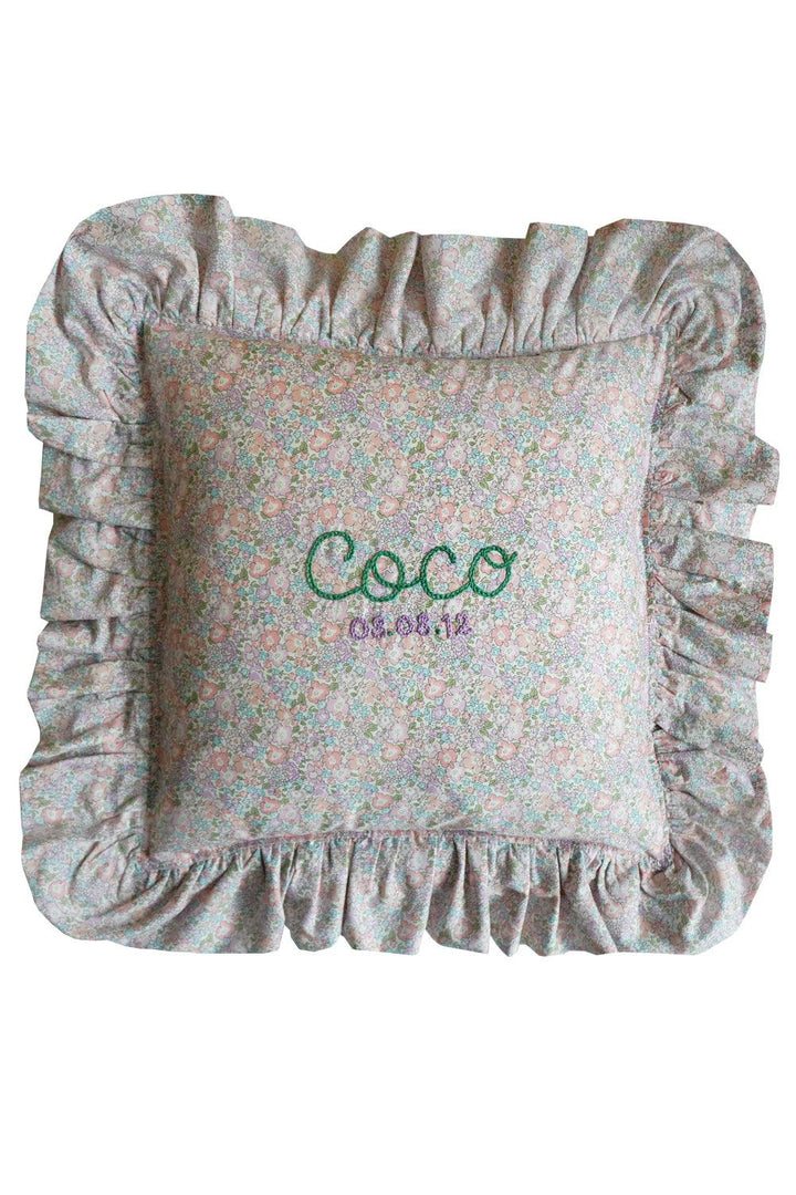 Coco & Wolf x Polly Wren Studios Embroidered Ruffle Cushion made with Liberty Fabric MICHELLE LILAC