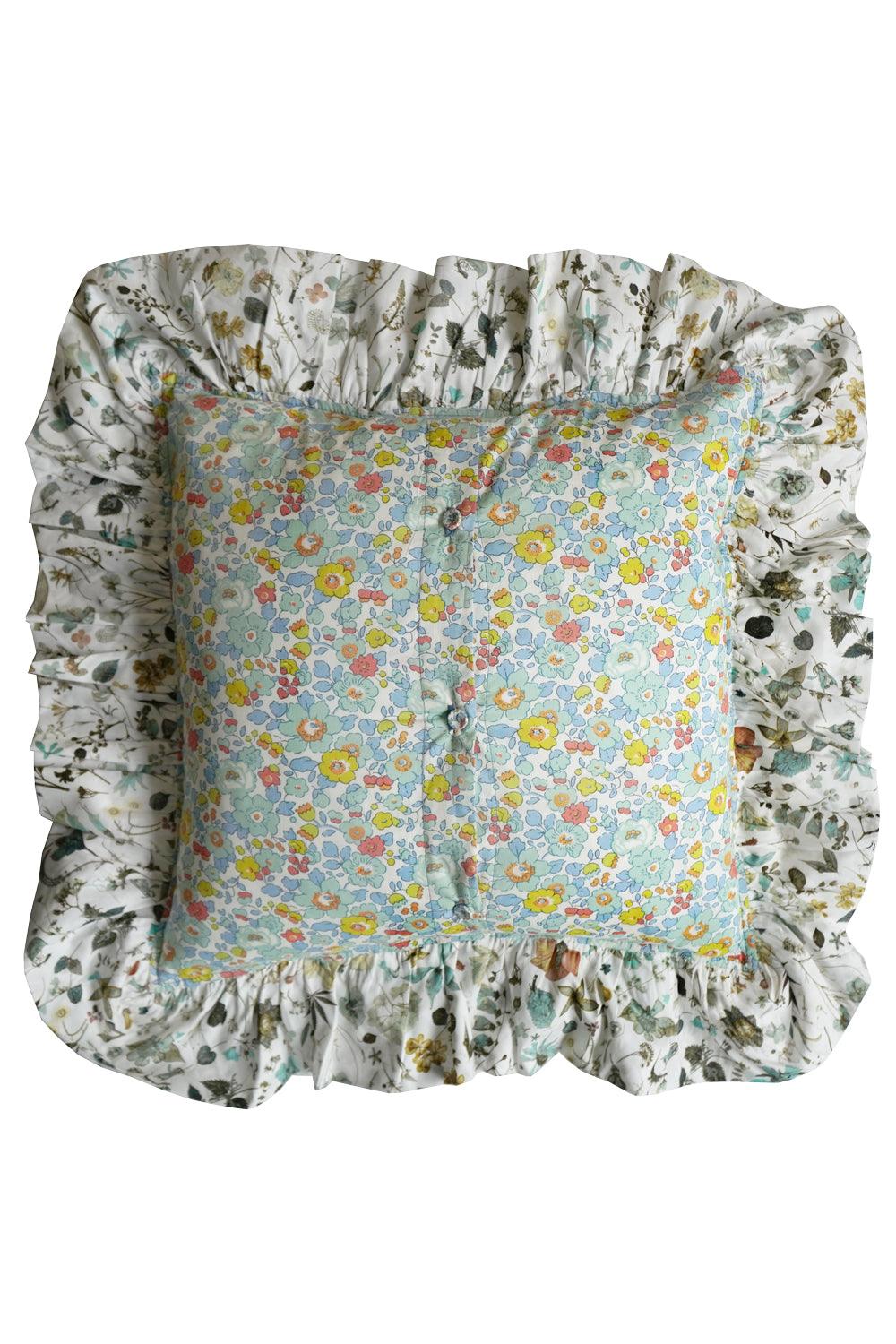 Coco & Wolf x Polly Wren Studios Embroidered Ruffle Cushion made with Liberty Fabric BETSY SAGE & FLORAL EVE