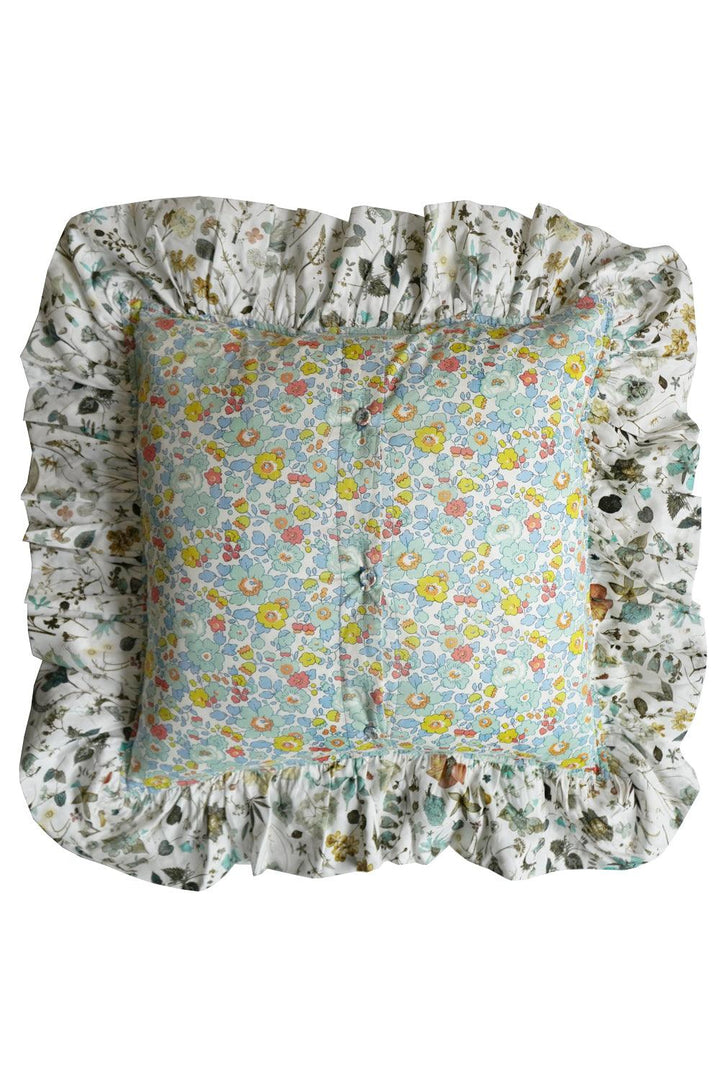 Coco & Wolf x Polly Wren Studios Embroidered Ruffle Cushion made with Liberty Fabric BETSY SAGE & FLORAL EVE