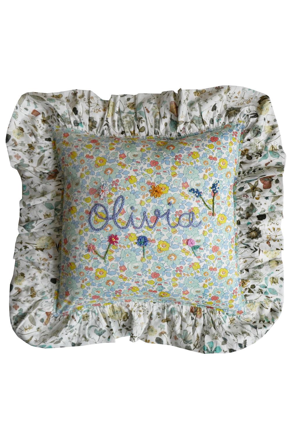 Coco & Wolf x Polly Wren Studios Embroidered Ruffle Cushion made with Liberty Fabric BETSY SAGE & FLORAL EVE